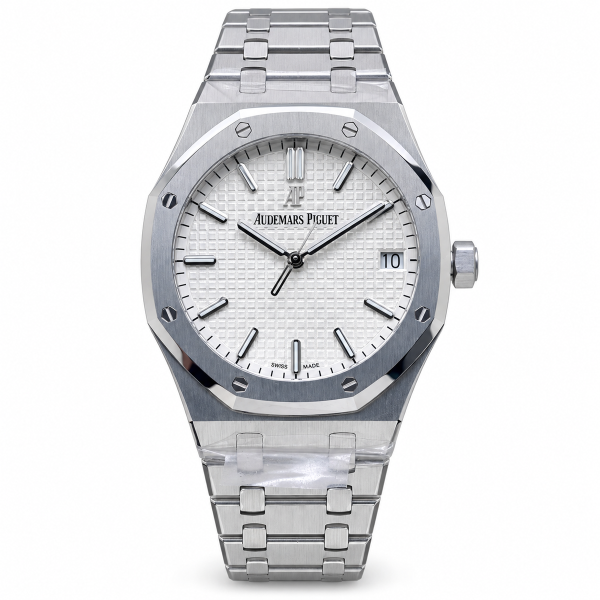 Audemars Piguet Royal Oak 41mm Stainless Steel White Petite Tapisserie Dial Black Indexes Hands AP Monogram Date Integrated Bracelet Ref 15500ST