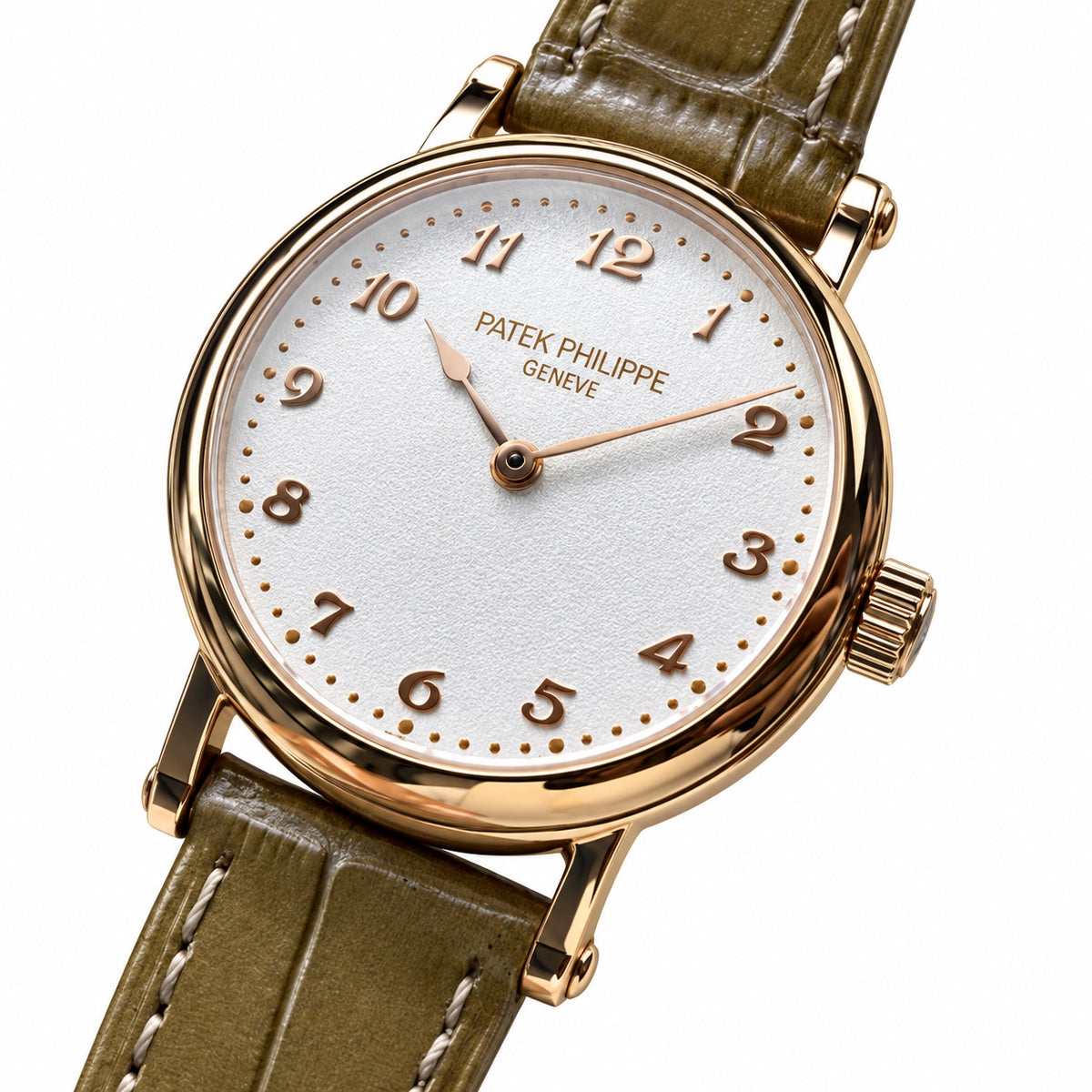 Patek Philippe Calatrava — 18K Rose Gold, Frosted White Dial & Olive Alligator Strap