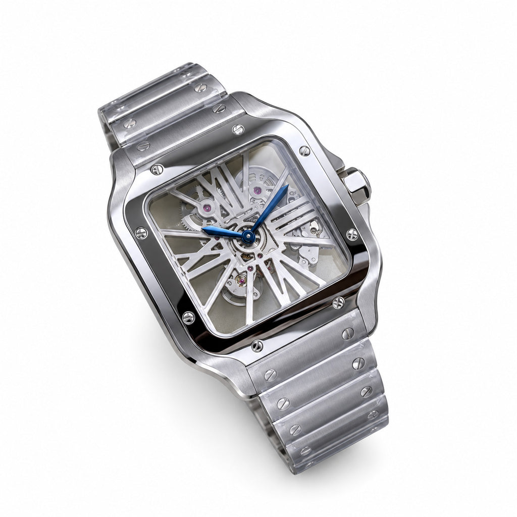 Cartier Santos Large Steel Skeleton Dial Blue Hands Automatic Bracelet Watch – KDY