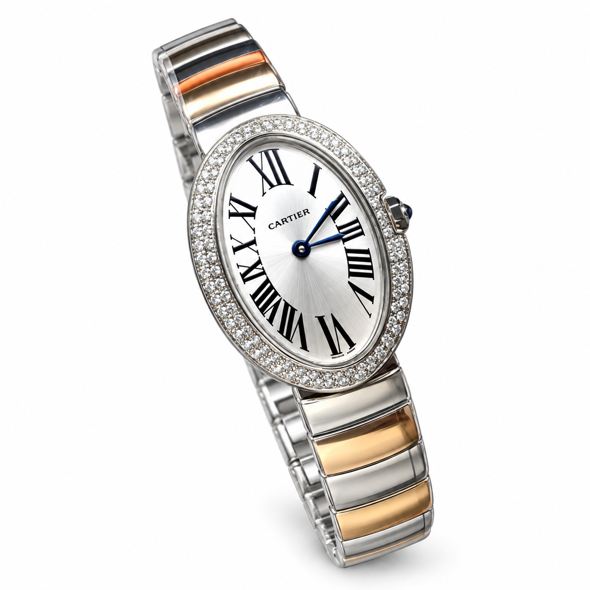 Cartier Baignoire — 18K White Gold, Diamond Bezel & Two-Tone Gold Bracelet