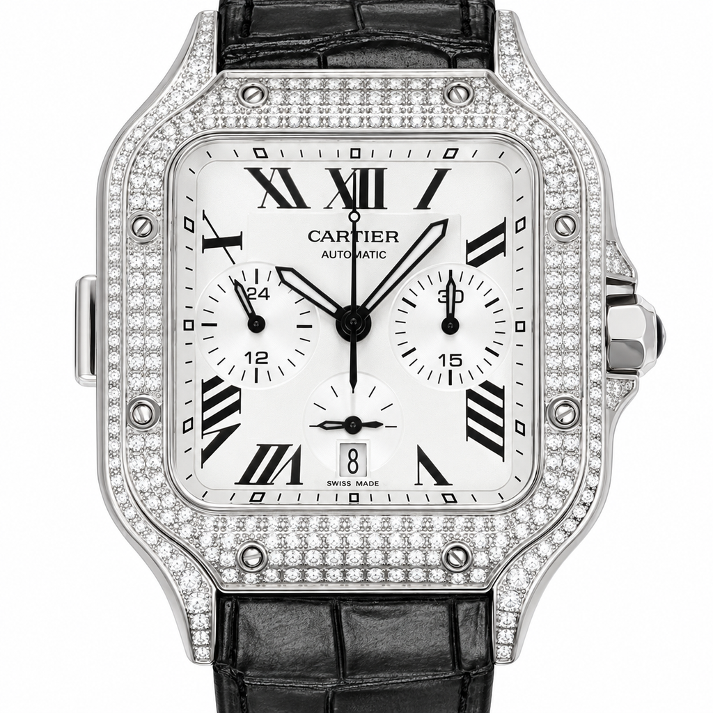 Cartier Santos de Cartier Chronograph — Steel, Full Diamond Bezel & Black Alligator Strap