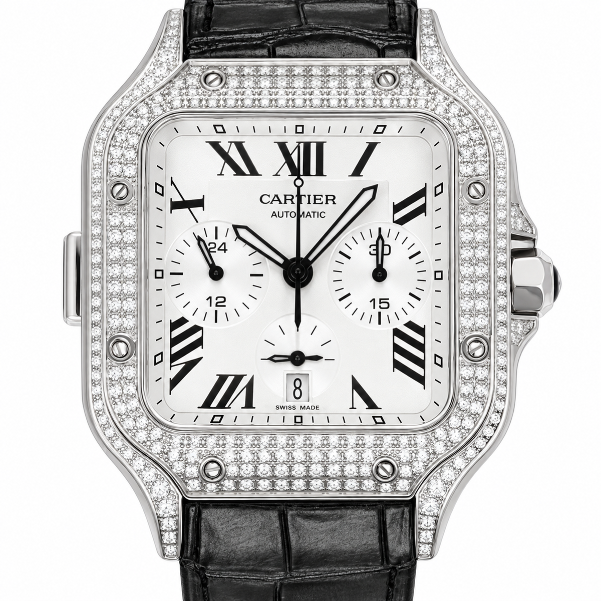 Cartier Santos de Cartier Chronograph — Steel, Full Diamond Bezel & Black Alligator Strap