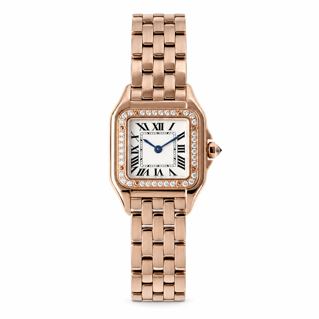 Cartier Panthère Small — 18K Rose Gold, Diamond Bezel, White Dial & Rose Gold Panthère Bracelet, Women