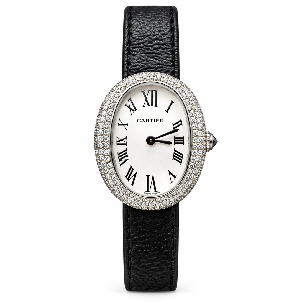 Cartier Baignoire — 18K White Gold, Double Diamond Bezel & Black Leather Strap