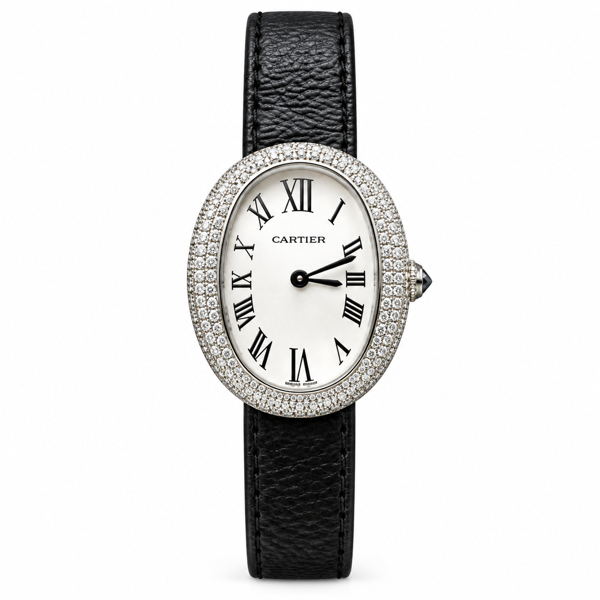 Cartier Baignoire — 18K White Gold, Double Diamond Bezel & Black Leather Strap