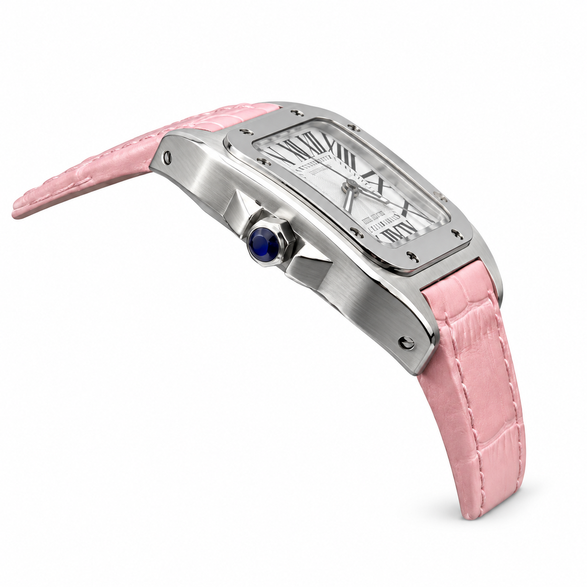 Cartier Santos 100 Automatic — White Dial & Pink Leather Strap