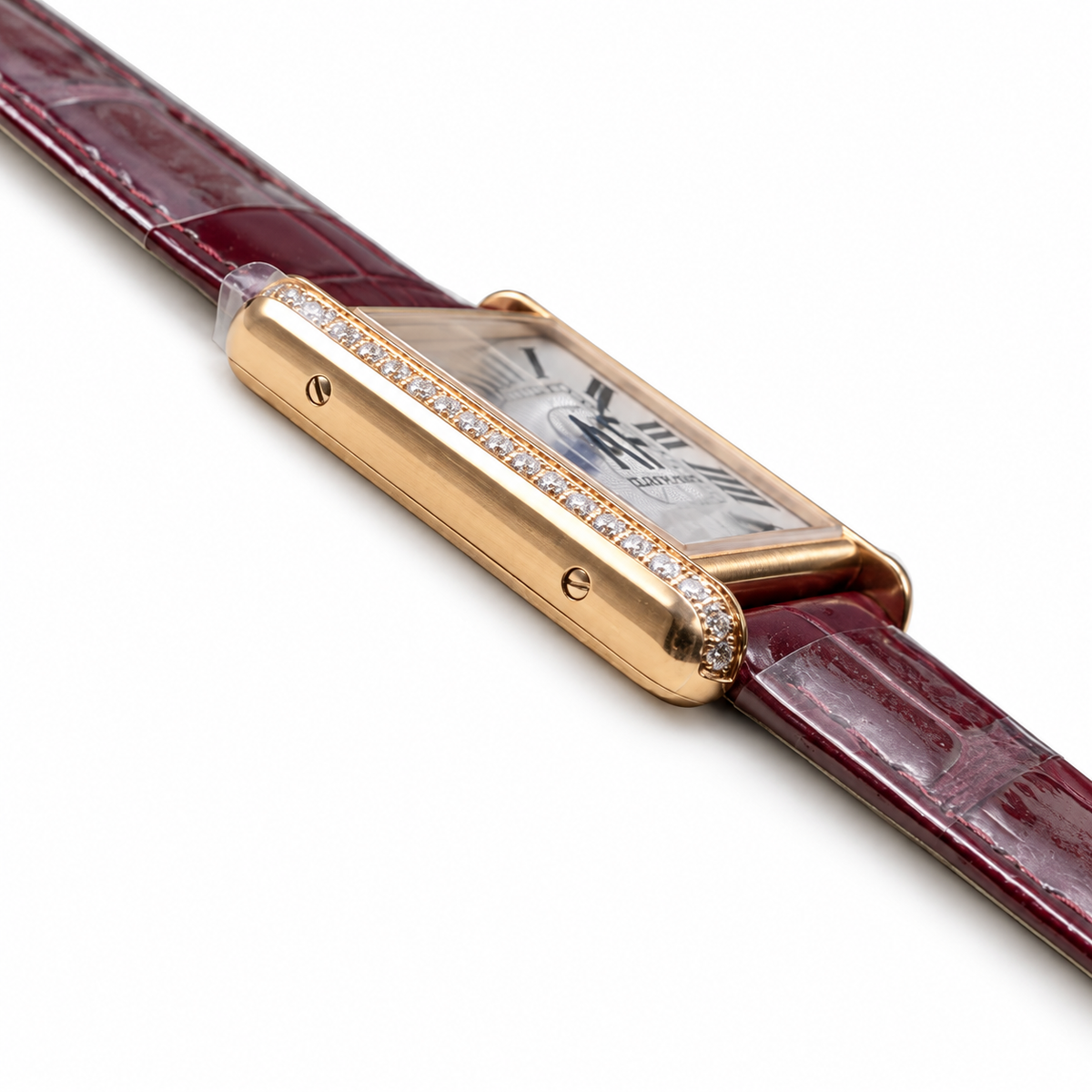 Cartier Tank Louis Small Rose Gold Diamond Lugs Silver Dial Burgundy Strap Watch – KDY