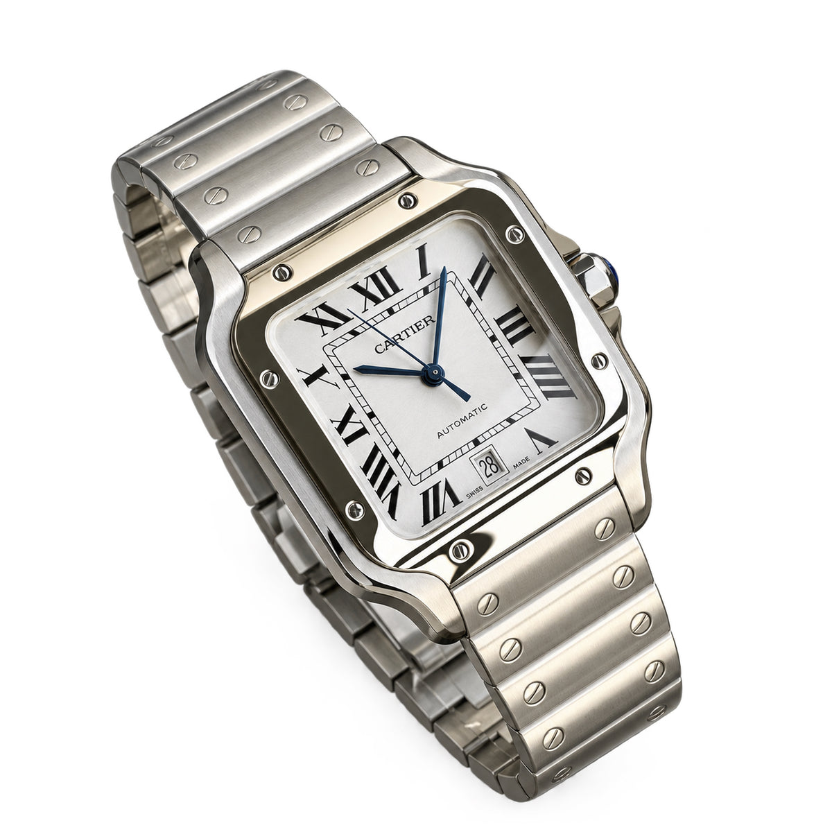 Cartier Santos Large — Stainless Steel, White Dial, Roman Numerals & Steel Bracelet, Automatic