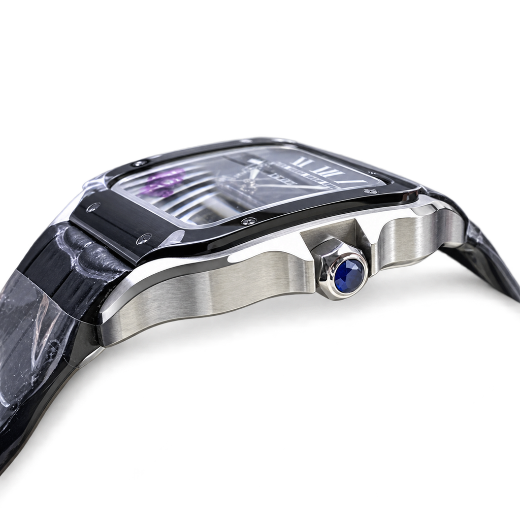 Cartier Santos Automatic Black Ceramic Bezel Alligator Leather Luxury Watch Swiss Made