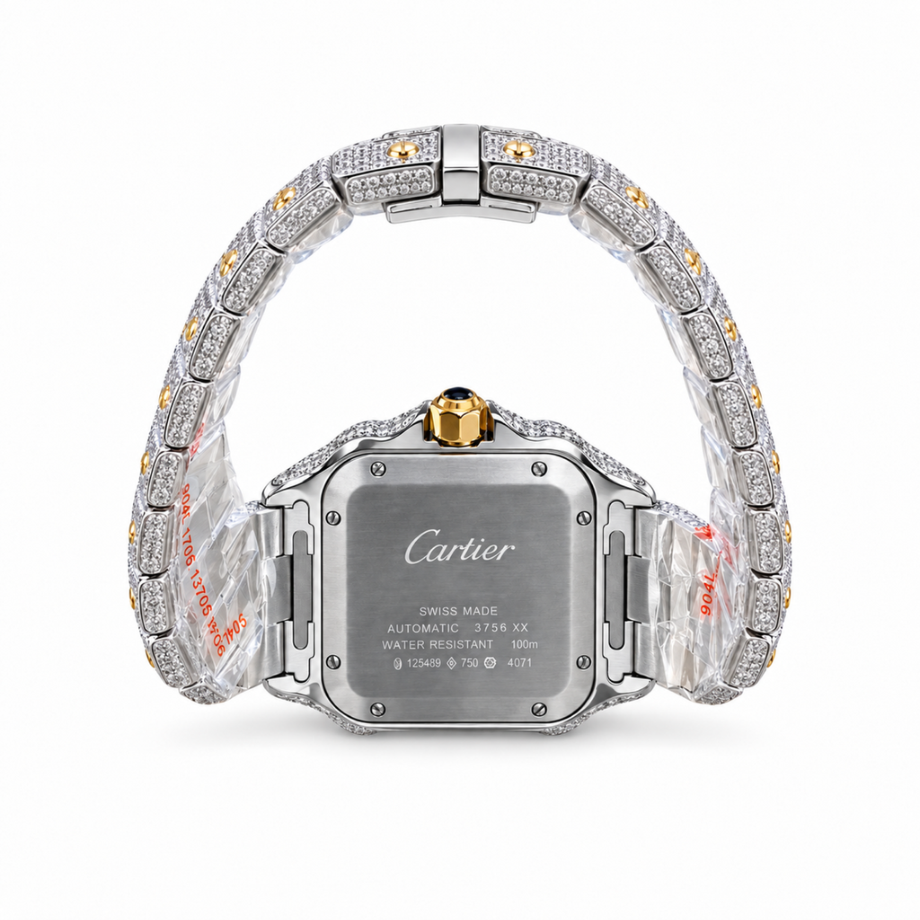 Cartier Santos Iced Out Full Pavé Diamond Two-Tone Yellow Gold Steel Automatic Luxury Watch Swiss Made