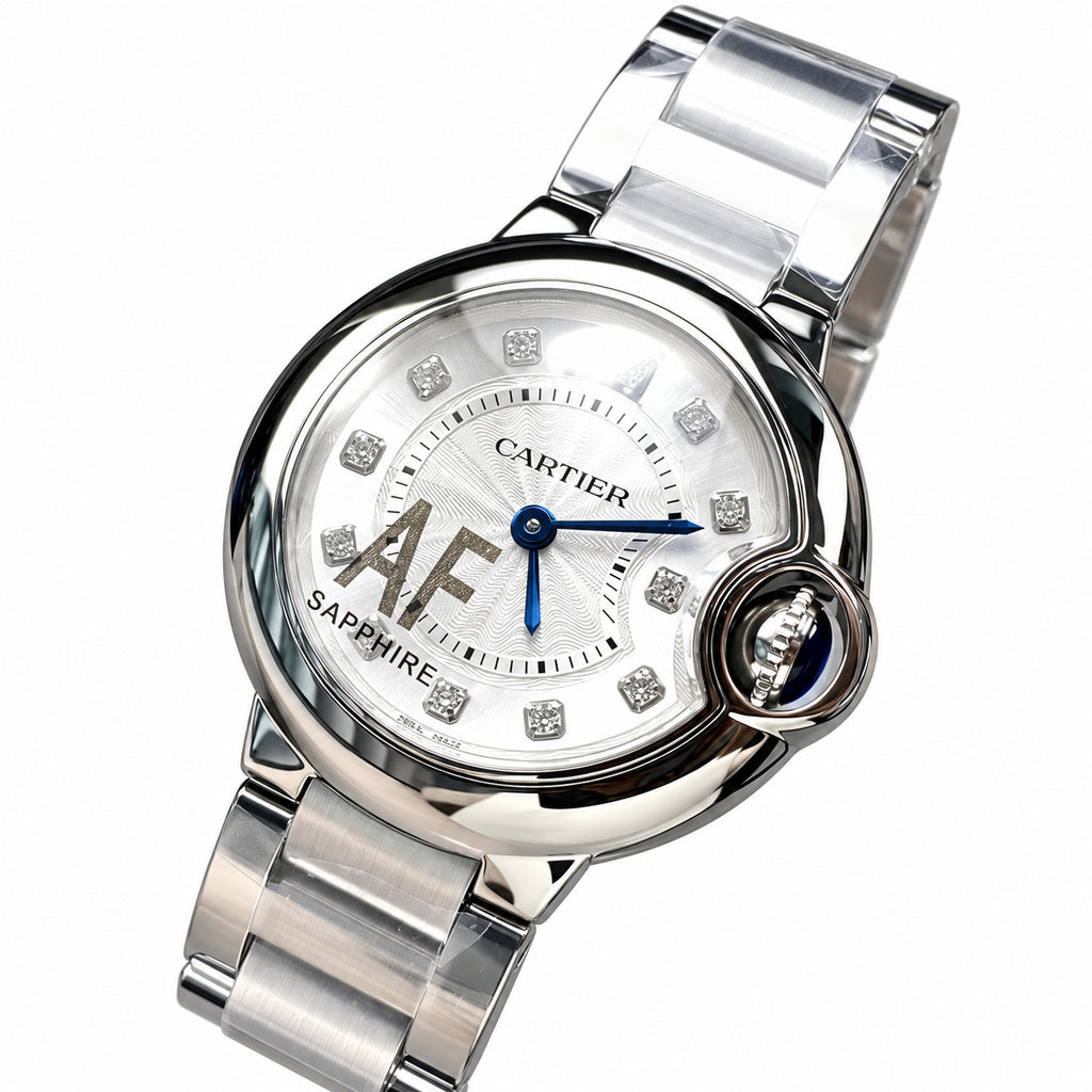 Cartier Ballon Bleu 33mm — Stainless Steel, Diamond Hour Markers & Steel Bracelet