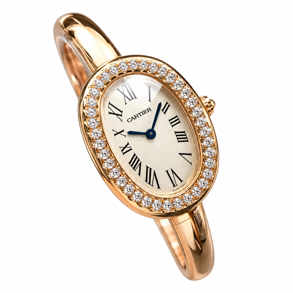 Cartier Baignoire — 18K Yellow Gold, Diamond Bezel, White Dial & Gold Bangle, Women