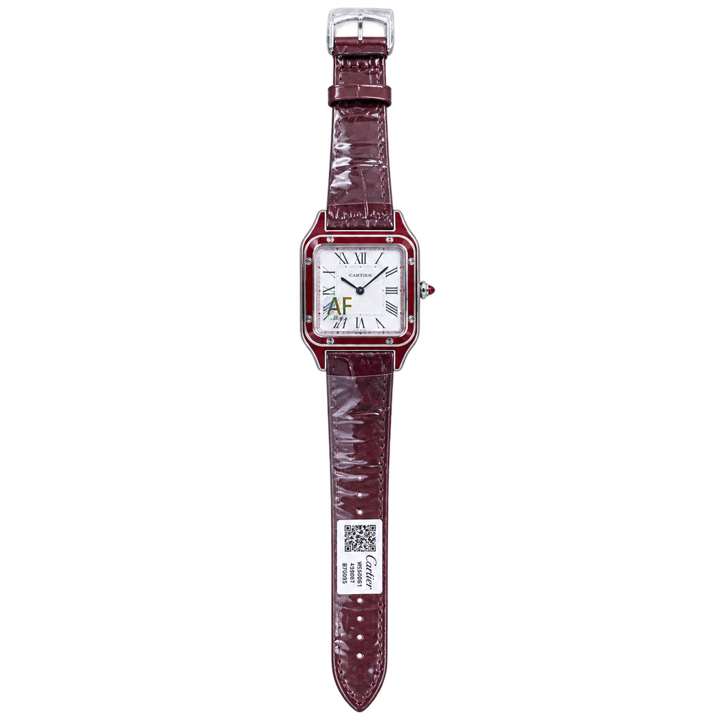 Cartier Santos-Dumont Large — Steel, Burgundy Enamel Bezel, White Dial, Roman Numerals & Burgundy Alligator Strap, Quartz