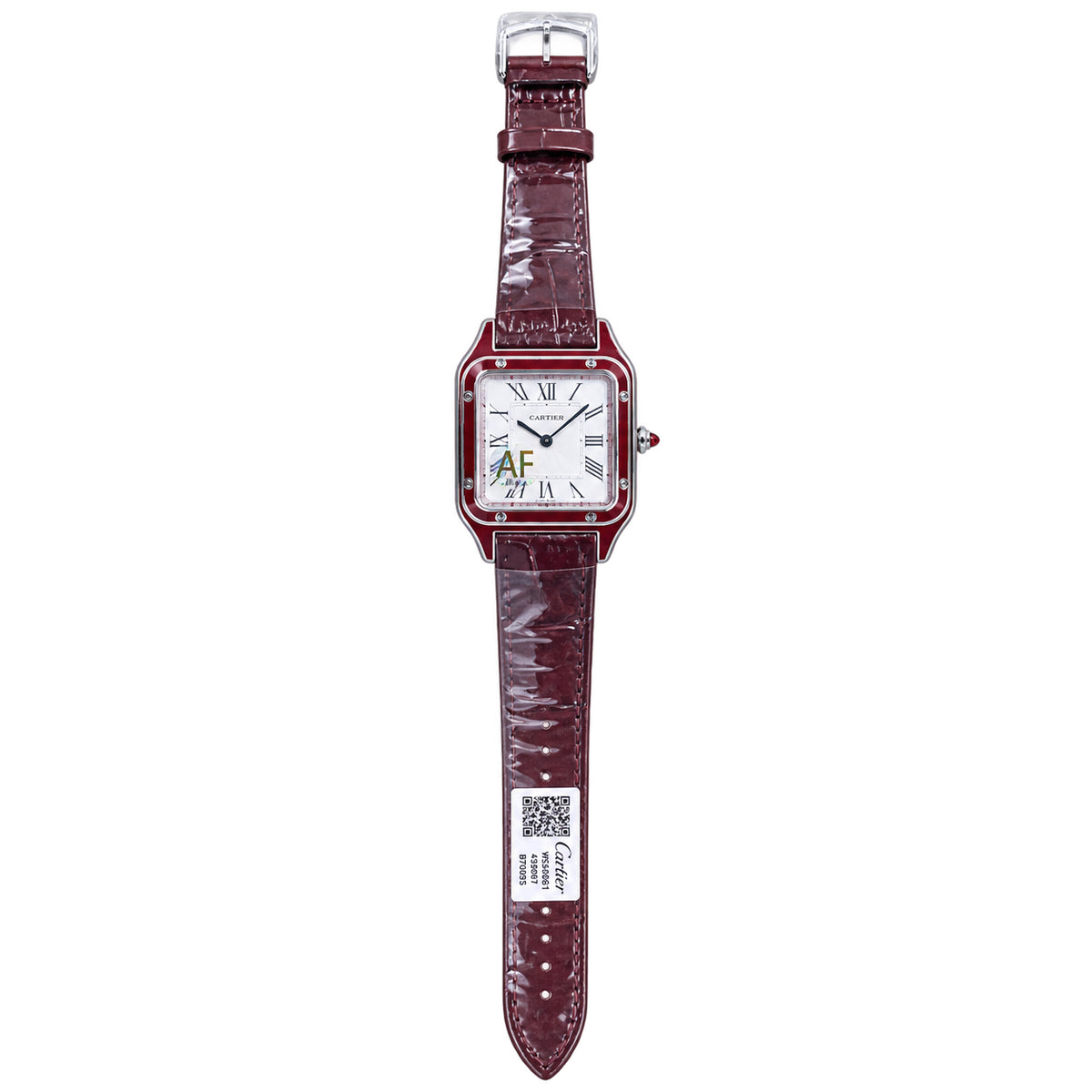 Cartier Santos-Dumont Large — Steel, Burgundy Enamel Bezel, White Dial, Roman Numerals & Burgundy Alligator Strap, Quartz