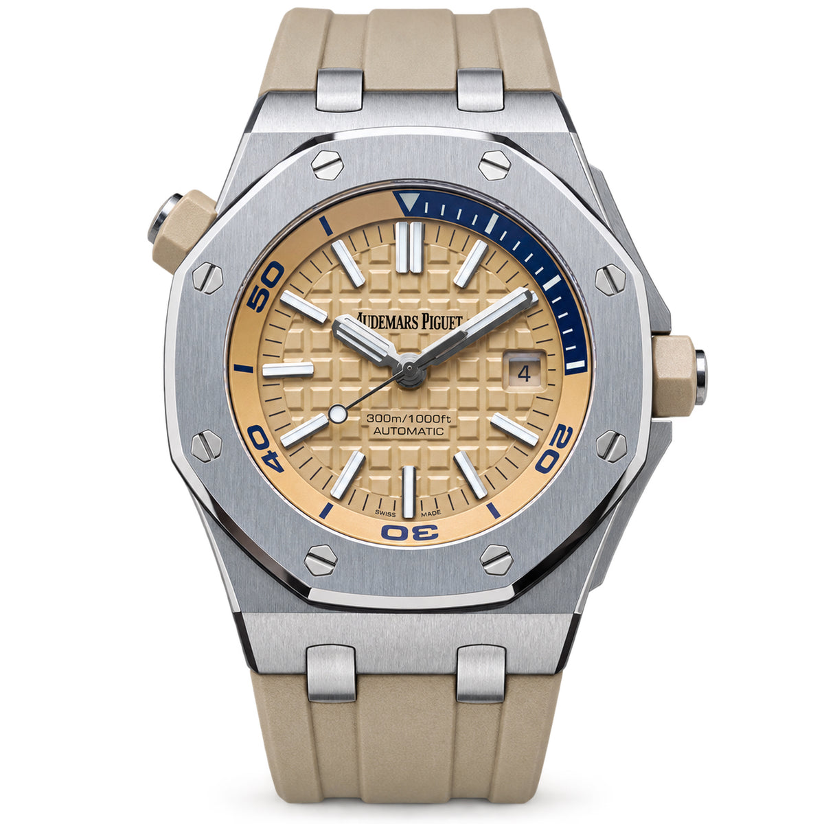 Audemars Piguet Royal Oak Offshore Diver 42mm Stainless Steel Champagne Mega Tapisserie Dial Unidirectional Rotating Bezel Blue Minute Markers White Gold Indexes Date Beige Rubber Strap 300m