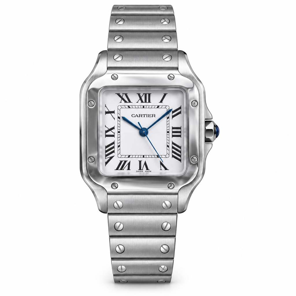 Cartier Santos White Dial Blue Hands Stainless Steel Bracelet Watch
