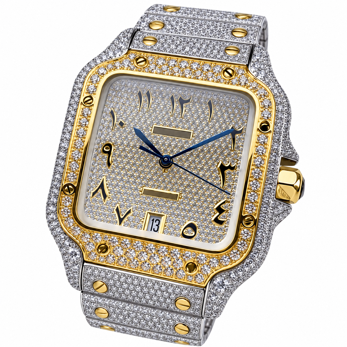 Cartier Santos Automatic — Full Diamond Iced Out, Two-Tone Gold & Steel