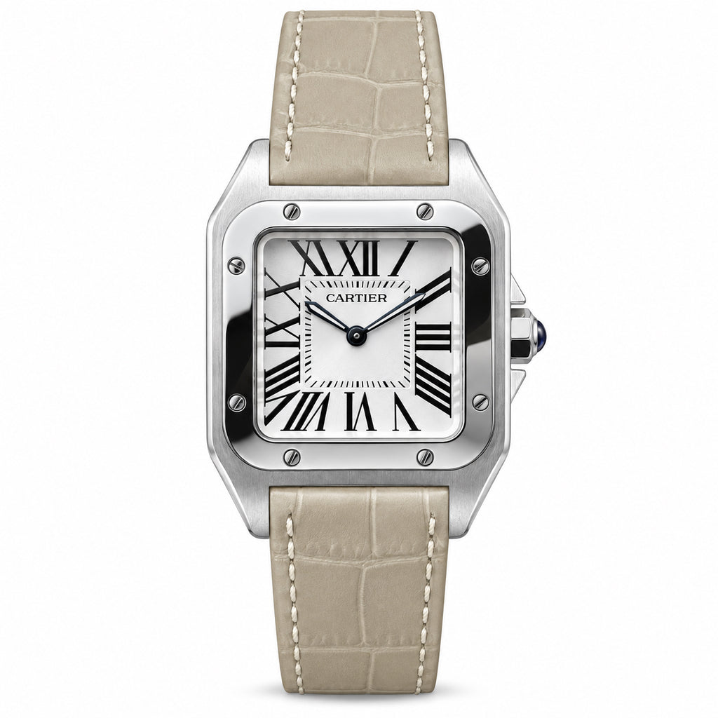 Cartier Santos-Dumont Small — Steel, White Dial, Roman Numerals & Beige Alligator Strap, Women