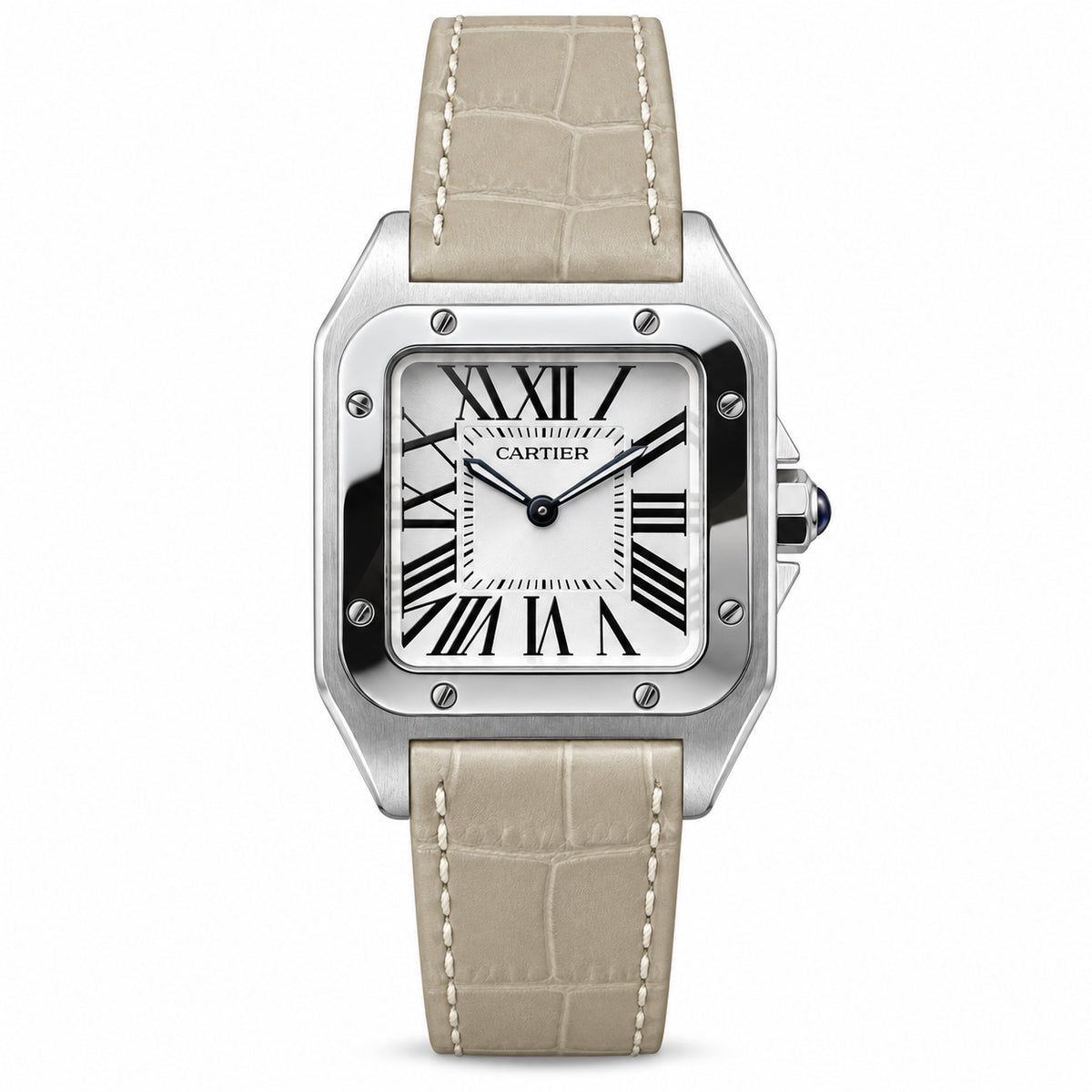Cartier Santos-Dumont Small — Steel, White Dial, Roman Numerals & Beige Alligator Strap, Women