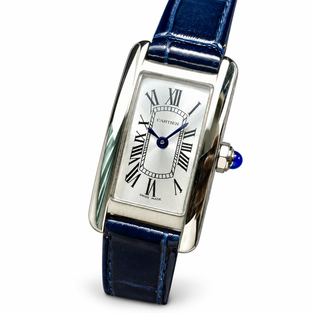 Cartier Tank Américaine Small — 18K White Gold, Silver Dial, Roman Numerals & Navy Alligator Strap, Women