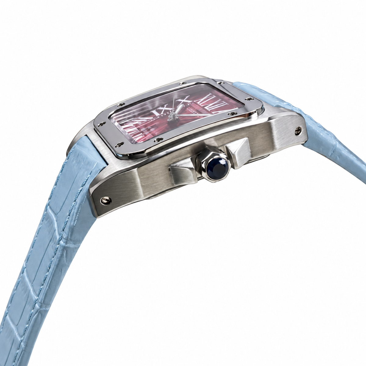 Cartier Santos 100 Automatic — Red Sunburst Dial & Blue Leather Strap
