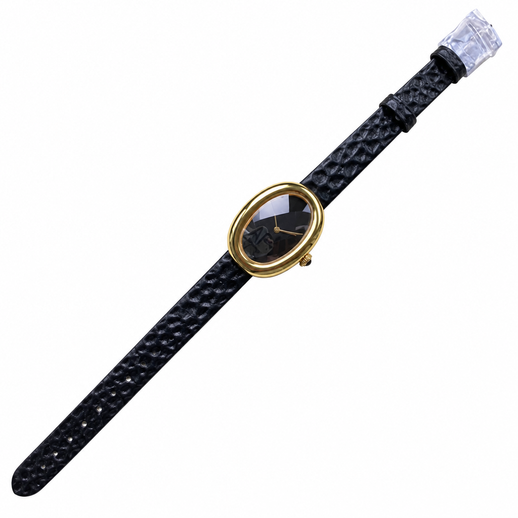 Cartier Baignoire Vintage Mini — 18K Yellow Gold, Black Onyx Dial, No Numerals & Black Leather Strap, Women