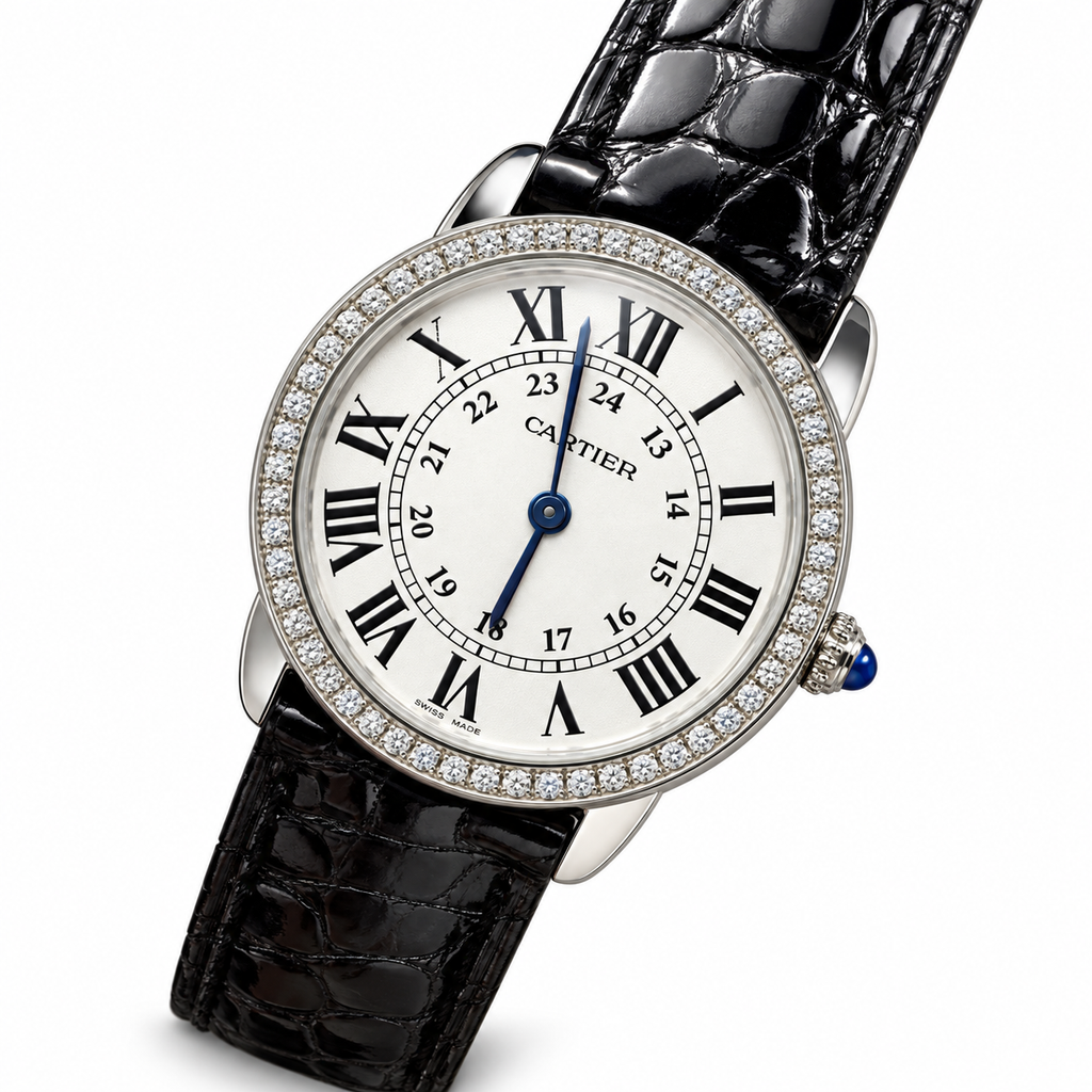 Cartier Ronde Louis Cartier Small — 18K White Gold, Diamond Bezel, White Dial, Roman Numerals & Black Alligator Strap, Women