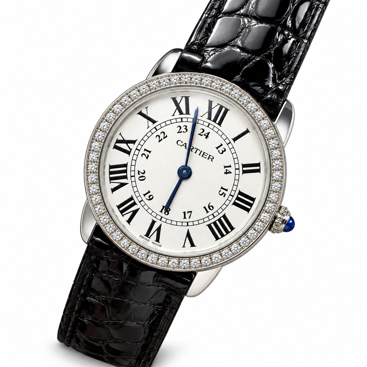 Cartier Ronde Louis Cartier Small — 18K White Gold, Diamond Bezel, White Dial, Roman Numerals & Black Alligator Strap, Women