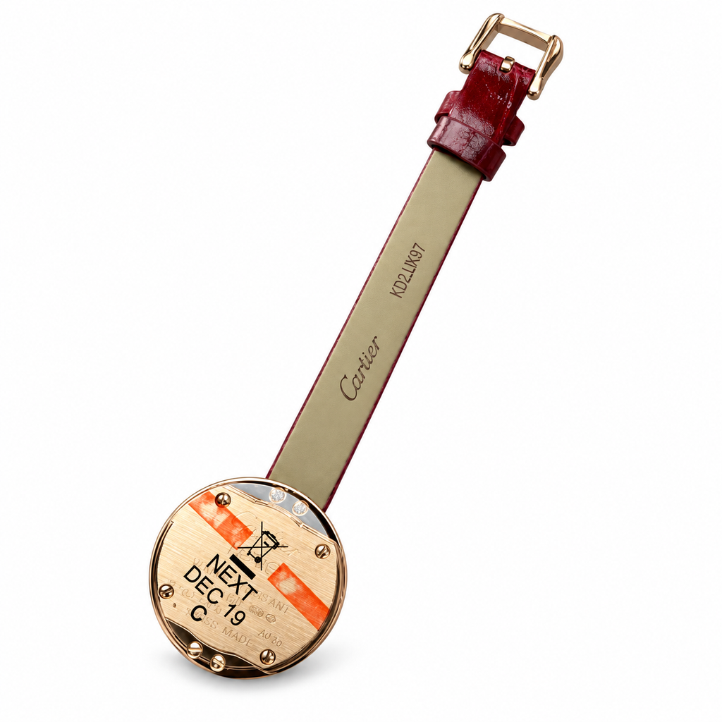 Cartier Love Watch Small — 18K Yellow Gold, 4 Diamonds, Silver Dial & Red Lacquer Strap, Women