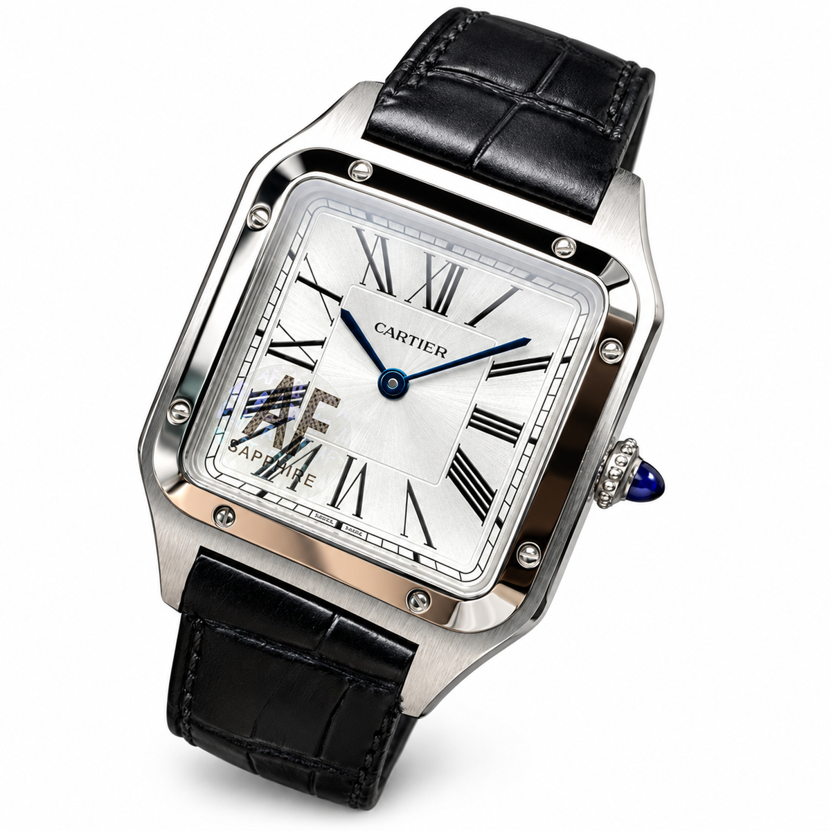 Cartier Santos-Dumont Large — Steel, Silver Dial, Roman Numerals & Black Alligator Strap, Quartz