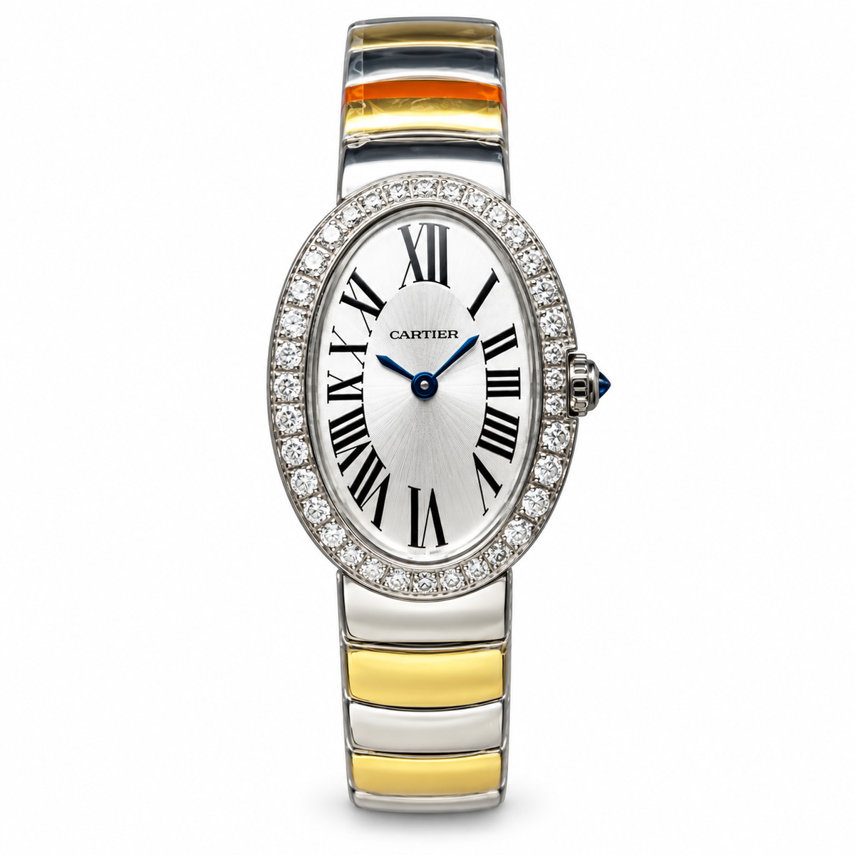 Cartier Baignoire — 18K White Gold, Large Diamond Bezel & Two-Tone Gold Bracelet
