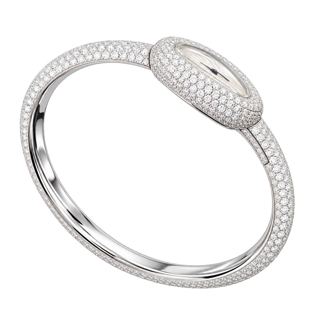 Cartier Baignoire — 18K White Gold, Full Diamond Bezel & Diamond Bangle, White Dial, Women
