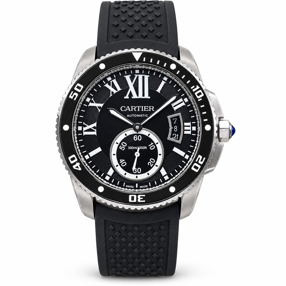 Cartier Calibre de Cartier Diver Steel Black Ceramic Bezel Automatic Rubber Watch – KDY
