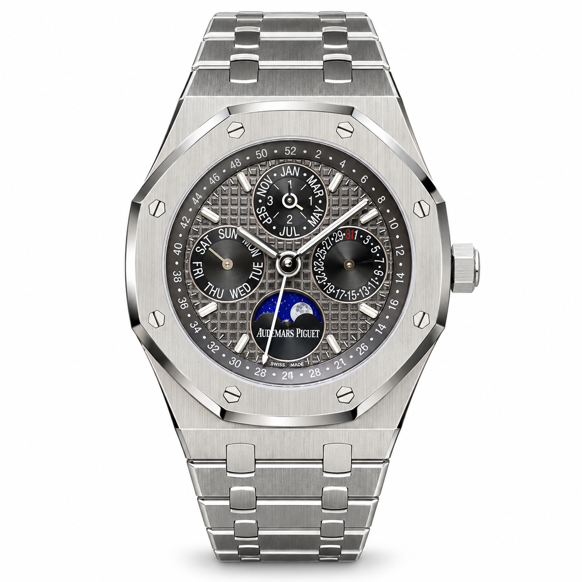 Audemars Piguet Royal Oak Perpetual Calendar Grey Grande Tapisserie Dial Blue Moon Phase Stainless Steel Bracelet
