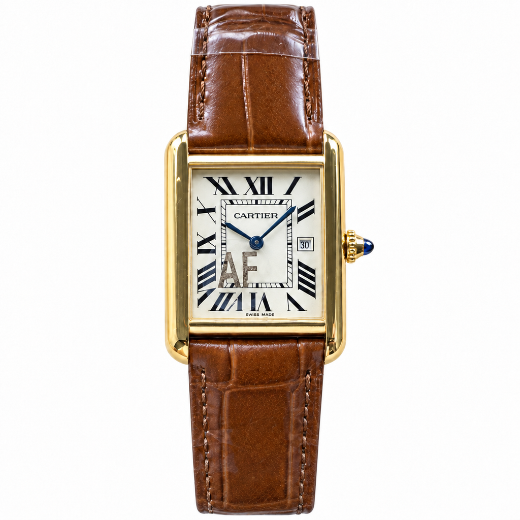 Cartier Tank Louis Cartier Large 18K Yellow Gold White Dial Date Brown Alligator Strap Watch