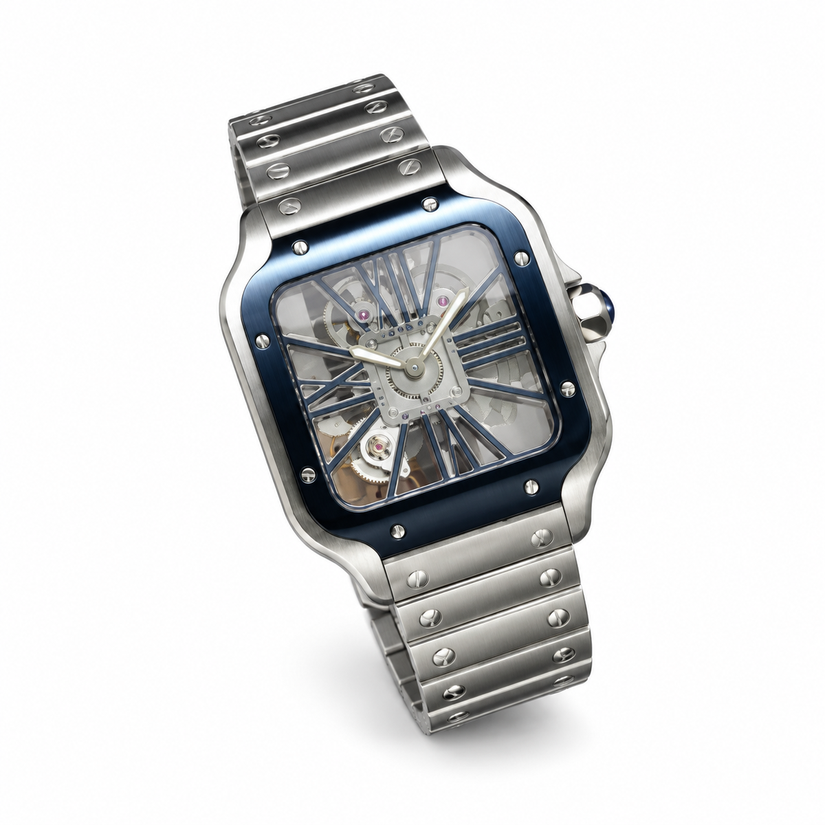 Cartier Santos Skeleton Blue ADLC Bezel Steel Bracelet Watch – KDY