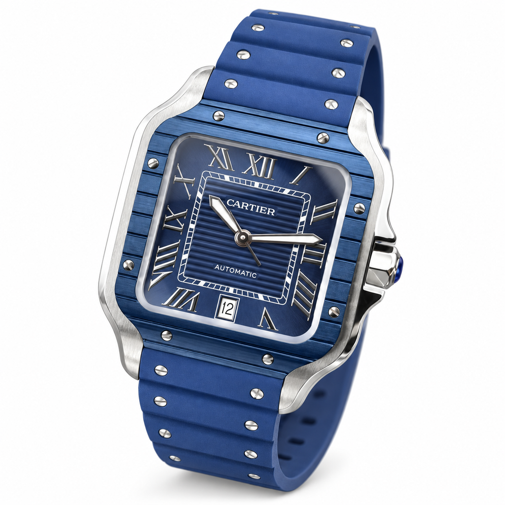 Cartier Santos de Cartier Large — Steel & Blue ADLC, Blue Dial, Roman Numerals, Date & Blue Rubber Strap, Automatic