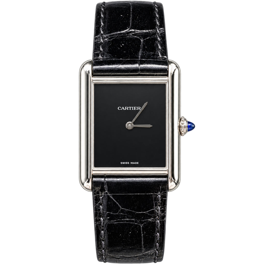 Cartier Tank Must Large — Steel, Black Lacquer Dial, No Numerals & Black Alligator Strap, Quartz