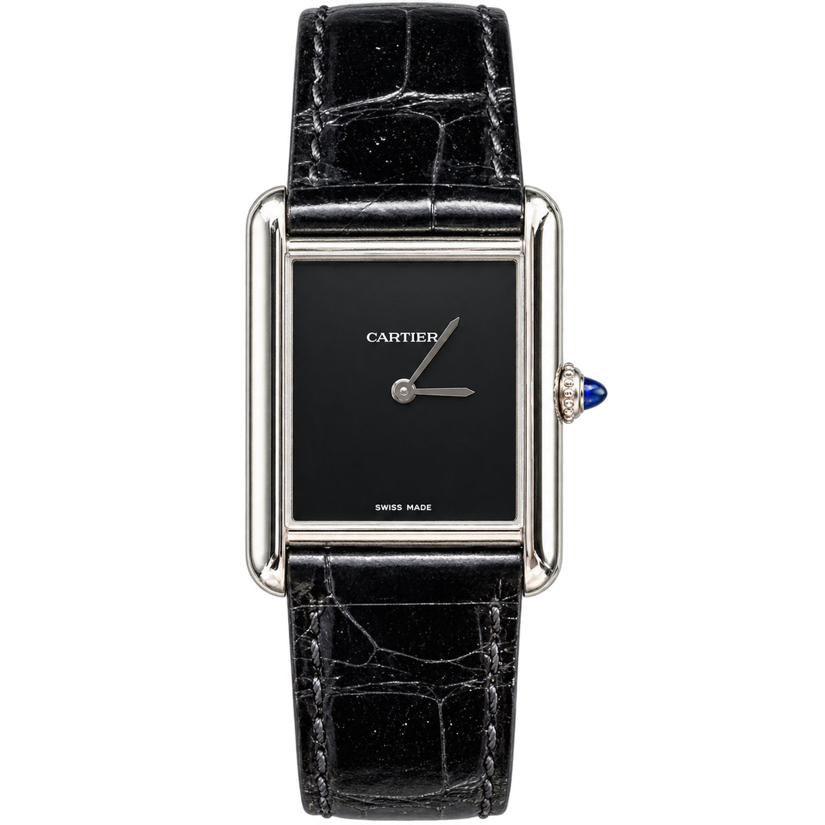 Cartier Tank Must Large — Steel, Black Lacquer Dial, No Numerals & Black Alligator Strap, Quartz