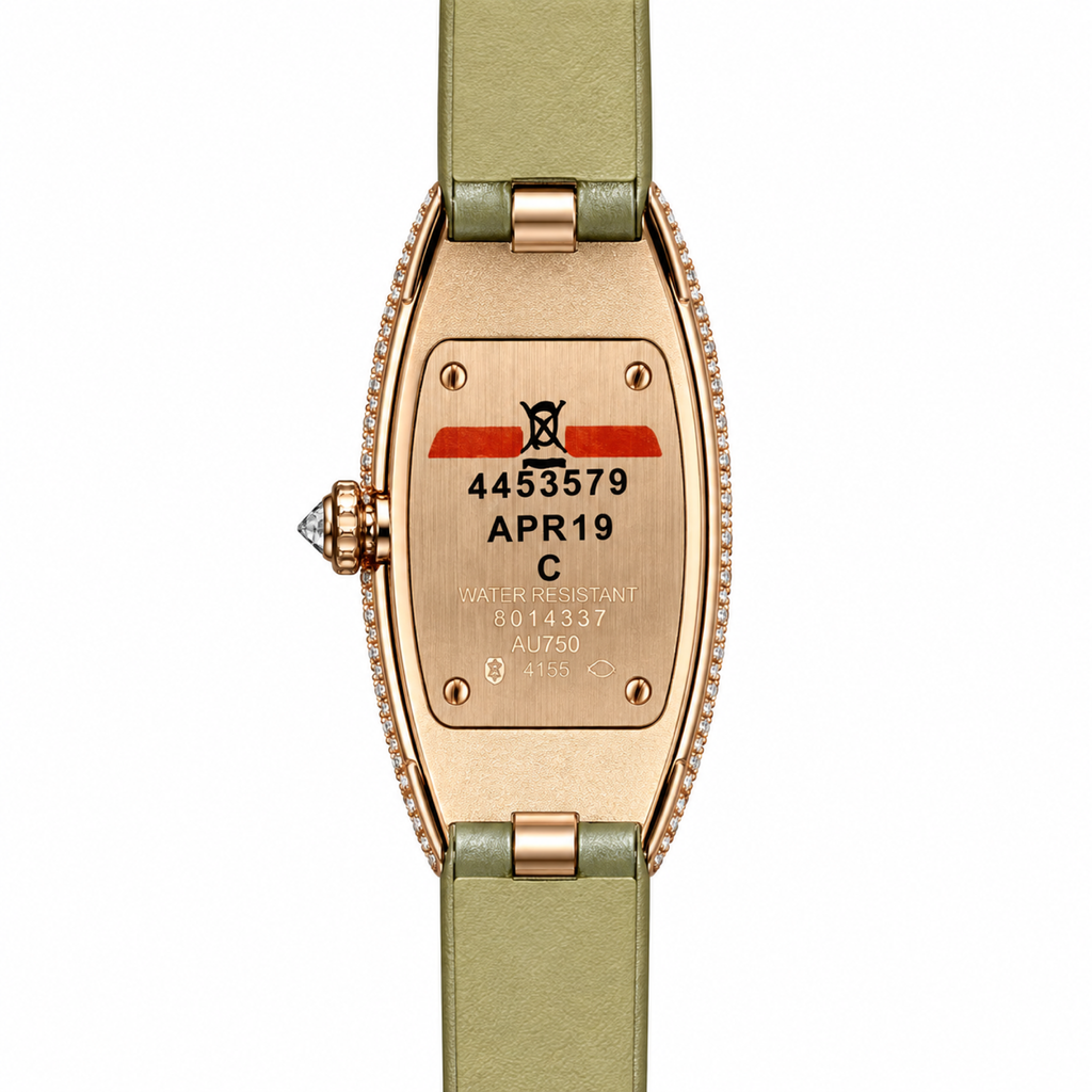 Cartier Baignoire Allongée Large — 18K Rose Gold, Double Diamond Bezel, Cream Oval Dial & Olive Alligator Strap, Women