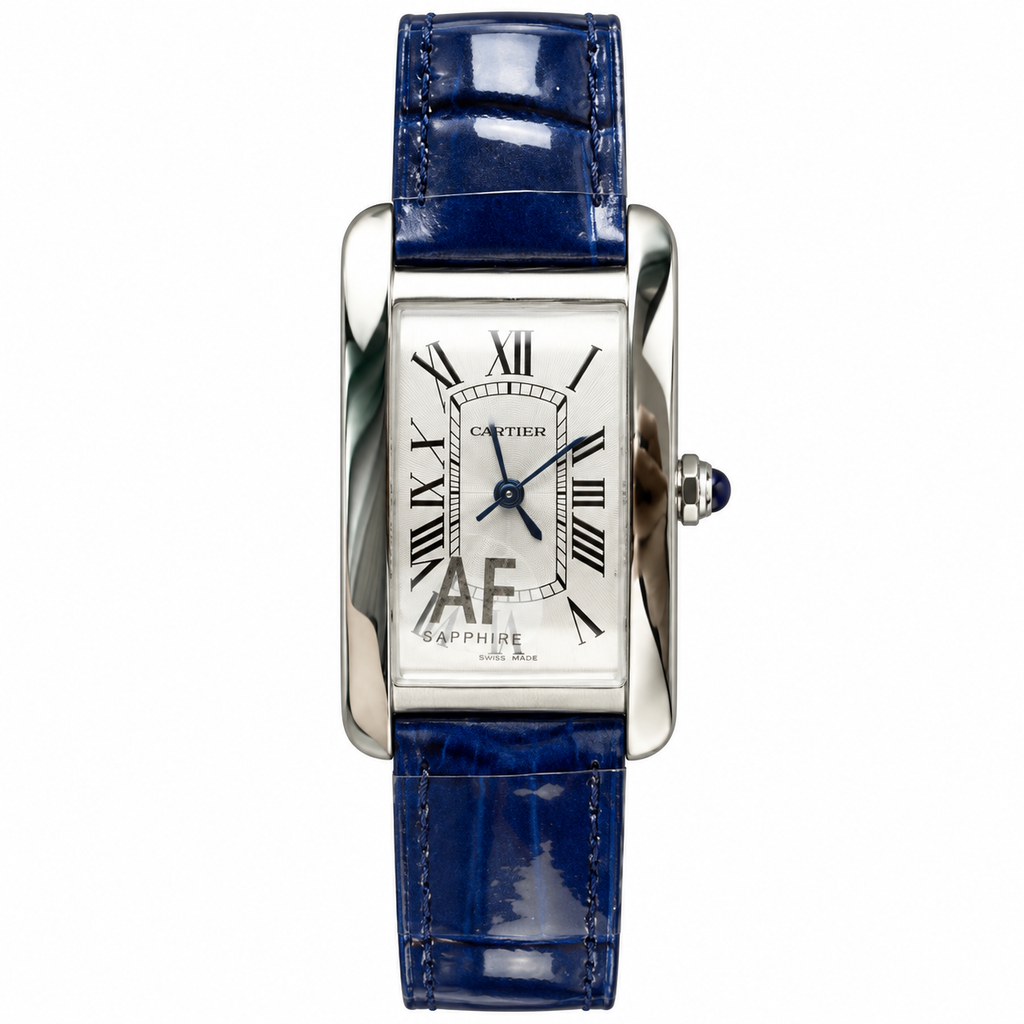 Cartier Tank Américaine — 18K White Gold, Silver Dial & Blue Alligator Strap