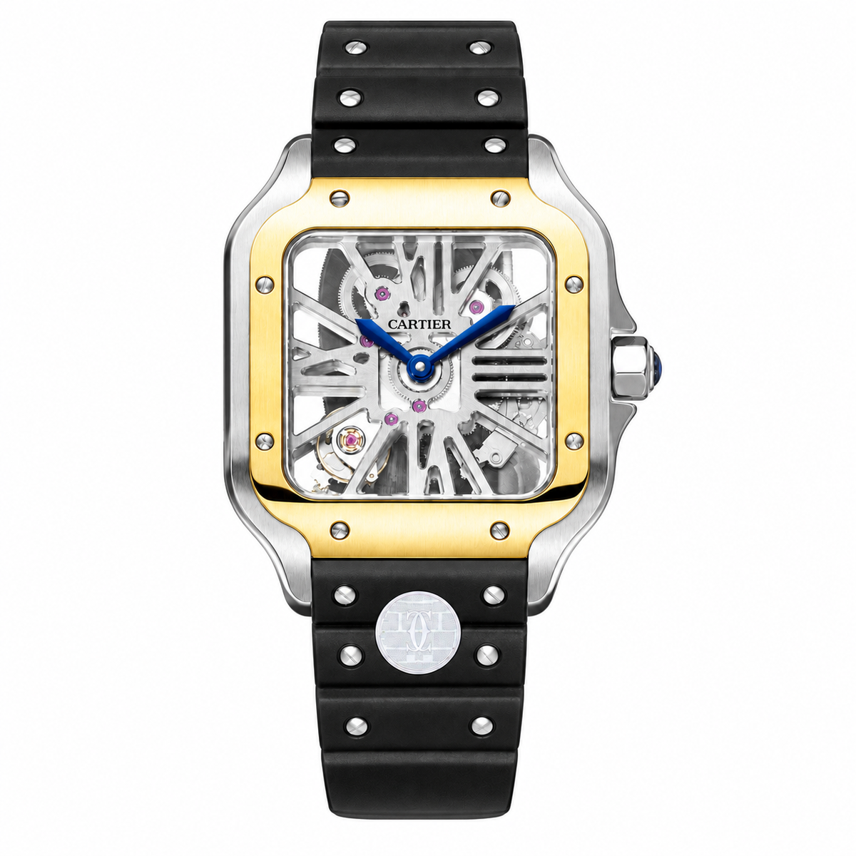 Cartier Santos de Cartier Skeleton Automatic — Steel & Black ADLC Bezel, Skeleton Dial & Black Rubber Strap, Large