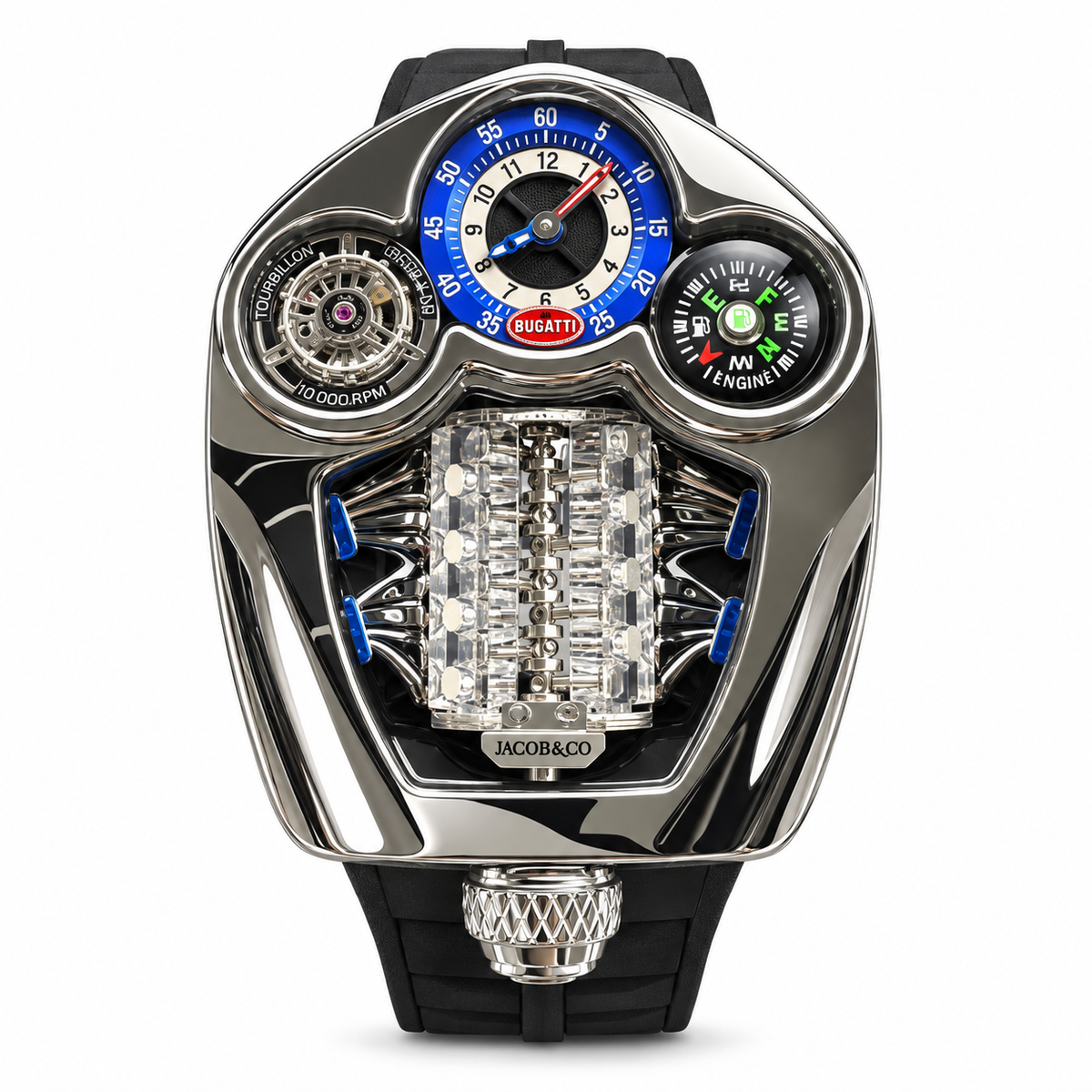 Jacob & Co. x Bugatti La Voiture Noire Black DLC Titanium 16-Cylinder Tourbillon Dashboard Speedometer Watch Black Rubber