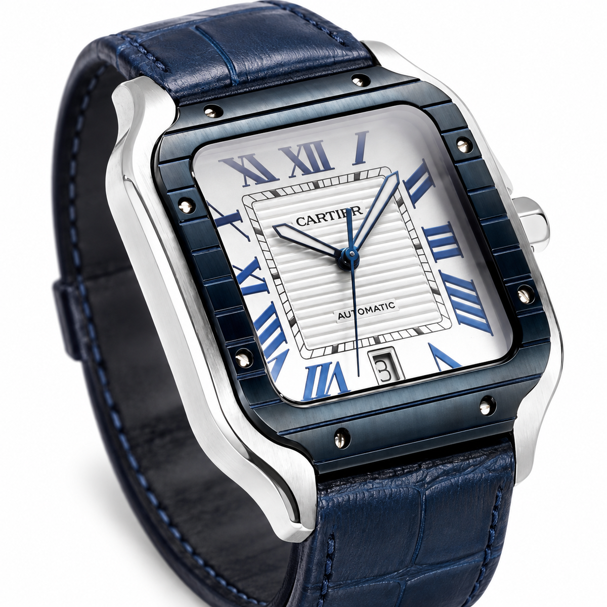 Cartier Santos de Cartier Automatic — Blue ADLC Bezel, Silver Dial & Blue Leather Strap