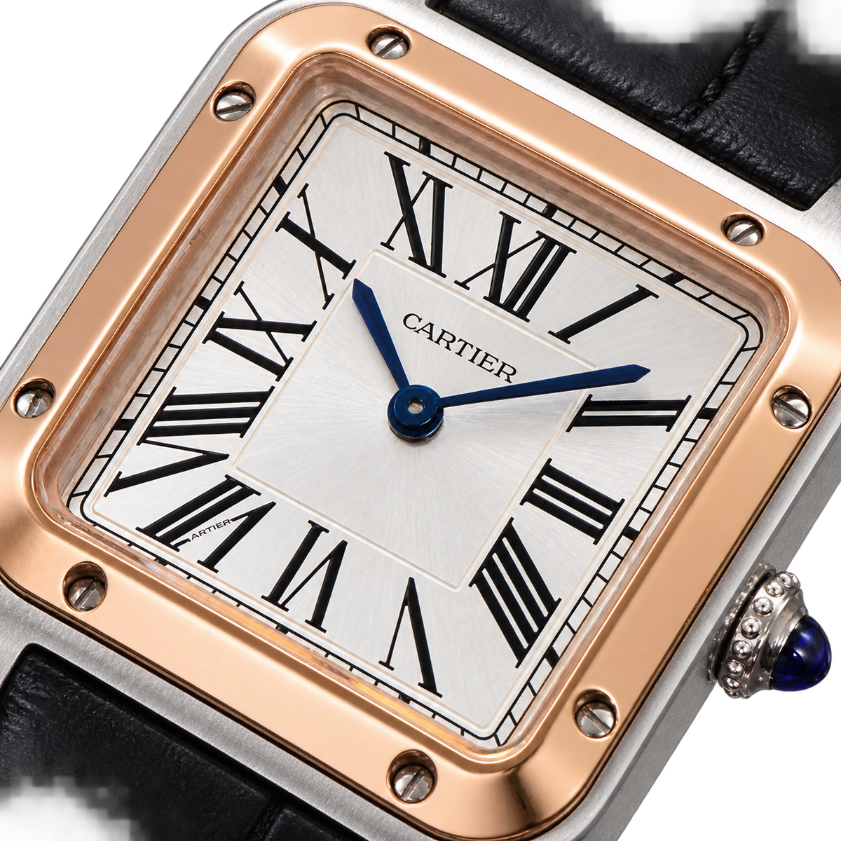 Cartier Santos-Dumont — Two-Tone Rose Gold & Steel, White Dial & Black Leather Strap