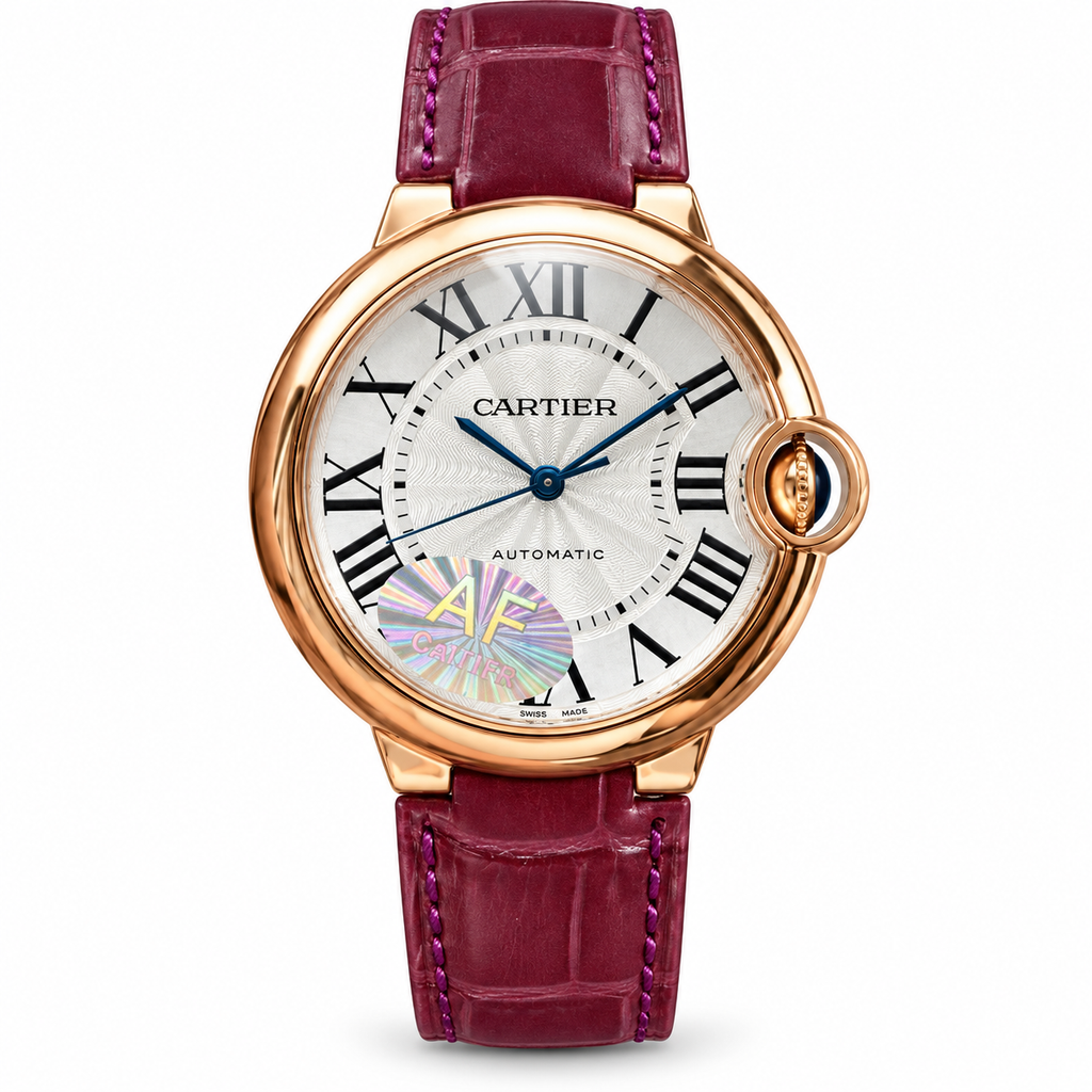 Cartier Ballon Bleu 36mm — 18K Rose Gold, Silver Dial, Roman Numerals & Burgundy Alligator Strap, Automatic