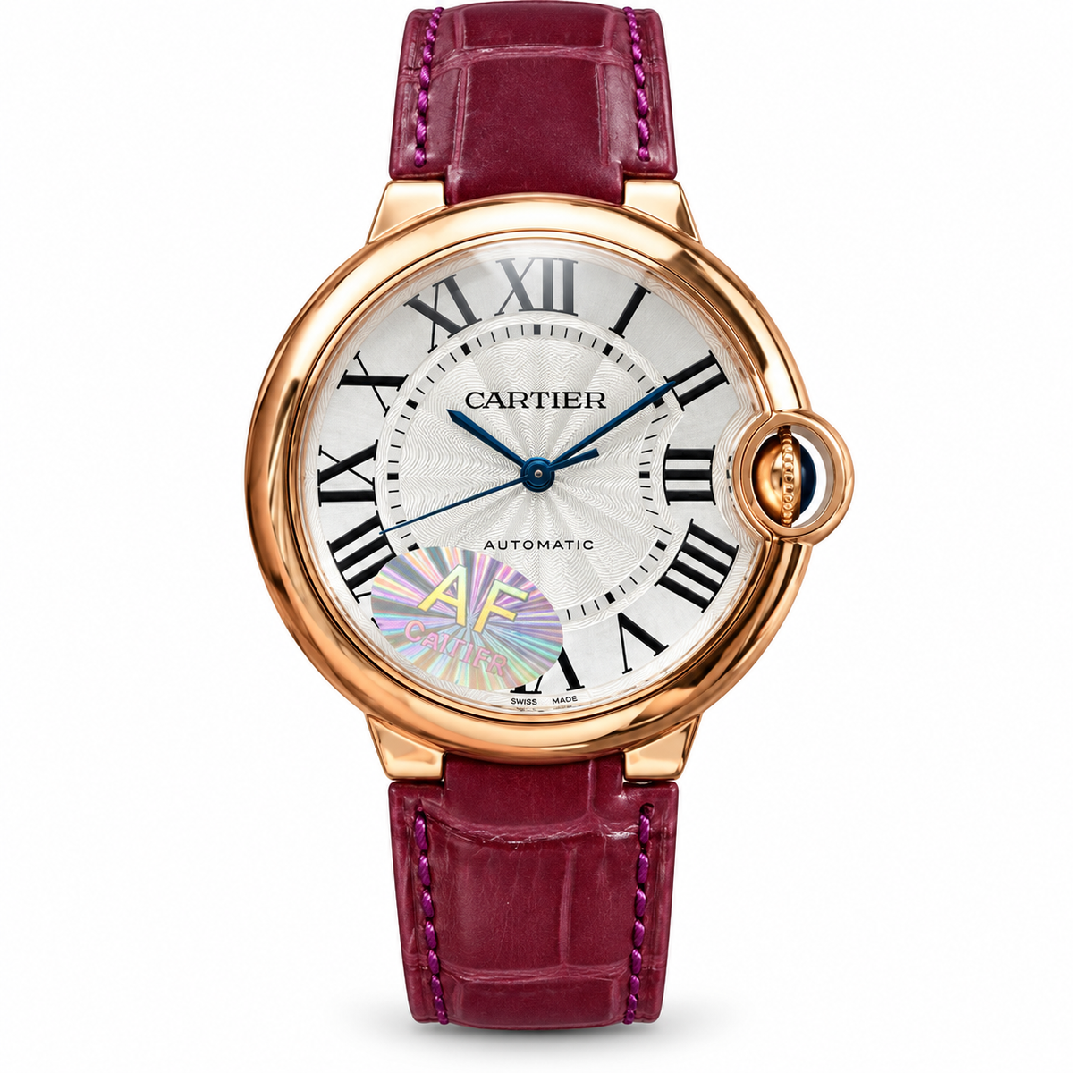 Cartier Ballon Bleu 36mm — 18K Rose Gold, Silver Dial, Roman Numerals & Burgundy Alligator Strap, Automatic