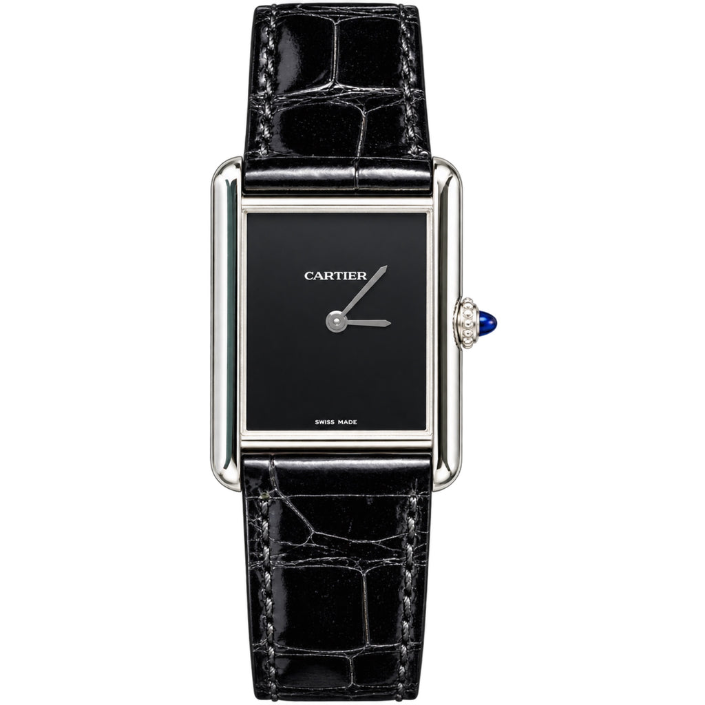 Cartier Tank Must — Steel, Black Lacquer Dial & Black Alligator Strap, Large