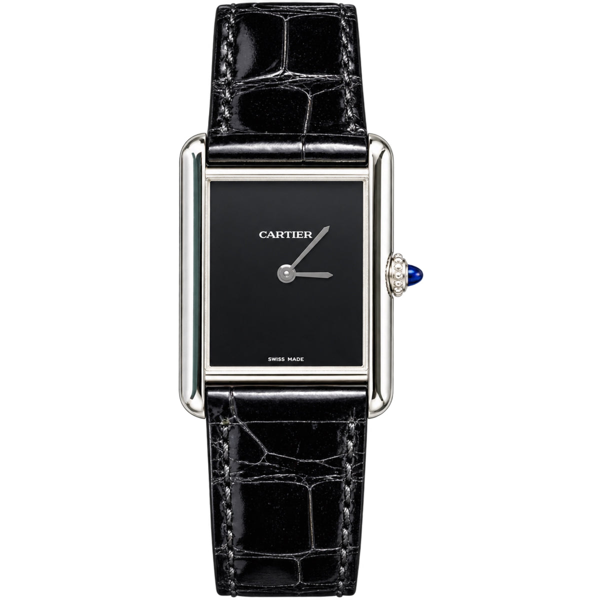 Cartier Tank Must — Steel, Black Lacquer Dial & Black Alligator Strap, Large