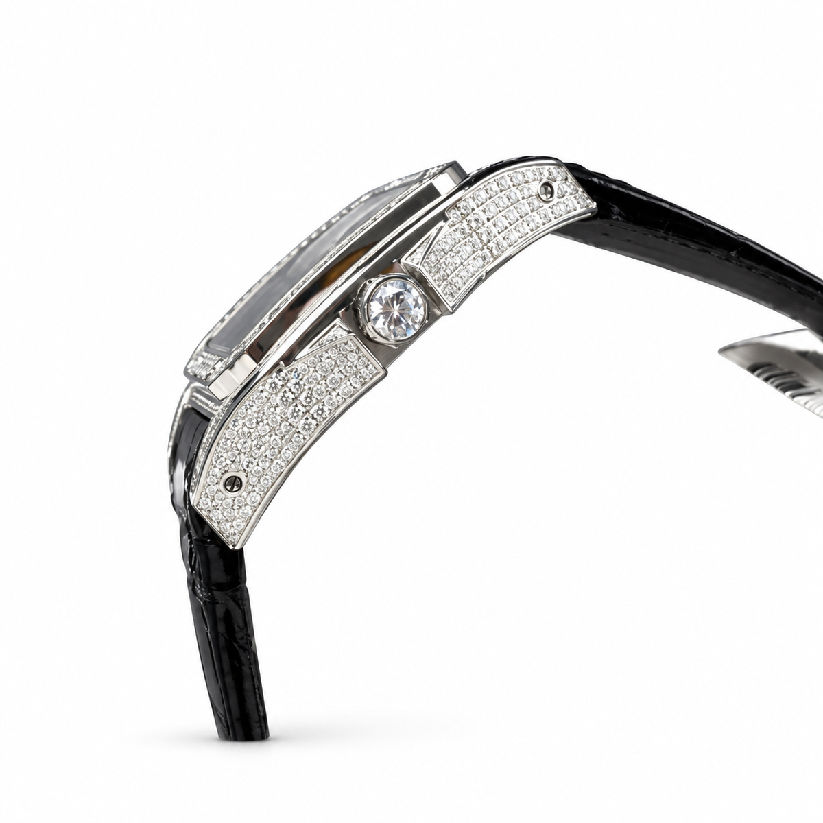 Cartier Santos — 18K White Gold, Full Diamond Case, Panthère Dial, Mother-of-Pearl & Black Alligator Strap, Quartz